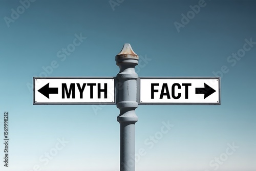 A conceptual image of a street signpost with two signs pointing in opposite directions one indicating myth and the other fact