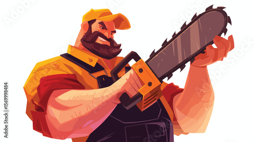Mighty Lumberjack: Powerful Chainsaw Action. Flat Vector Illustration. Perfect for logos, websites, 