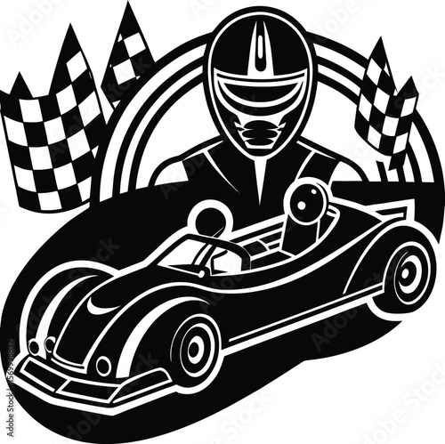 Cartoon racing car vector illustration with a fun retro driver on the road, perfect for speed and travel ,roadtrip, helmet, sporty ,outdoors, traffic