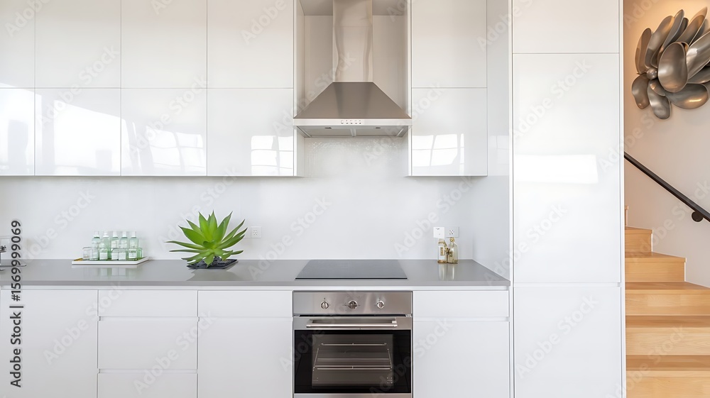 Modern minimalist white kitchen with sleek cabinetry stainless steel appliances and a decorative wall sculpture above wooden stairs Modern minimalist white kitchen with sleek cabinetry stainless steel appliances and a decorative wall sculpture above wooden stairs