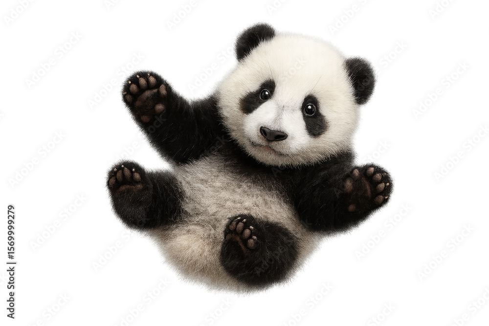 Naklejka premium Cute baby panda bear lying on its back, isolated on transparent background.