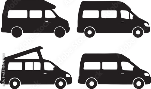 Black Camper Van Silhouettes: Camping, Travel, Adventure Icons