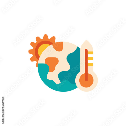Colorful flat illustration depicting Earth with a thermometer and sun, symbolizing climate change, global warming, and environmental awareness in a vibrant and engaging design