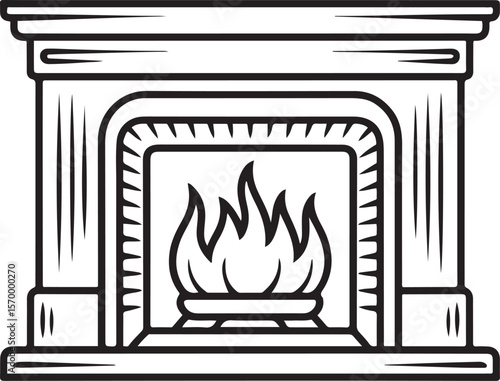 A black and white line drawing of a traditional fireplace with a blazing fire.