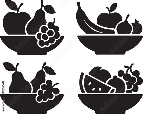 Black and White Fruit Bowl Silhouettes: Apple, Pear, Grapes, Banana