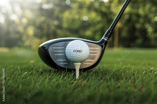 Golf driver club and white ball with the word fore printed on it placed on a tee in green grass with bokeh background