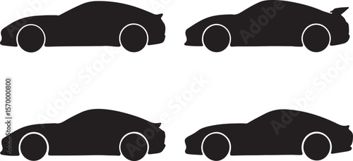 Black Silhouette Sports Cars Set on White Background
