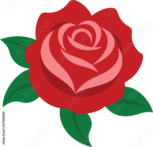 Crimson Rose: This captivating illustration of a vibrant crimson rose with lush green leaves, a timeless symbol of love, passion, and beauty, perfect for adding a touch of elegance to any design.