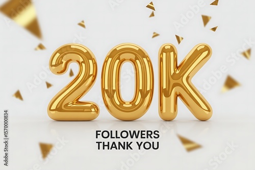 Shiny golden balloons forming the number twenty thousand with confetti falling celebrating twenty thousand followers thank you message
