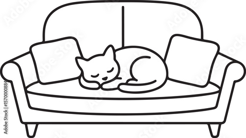 Simple black and white outline art drawing of a sleeping cat on a sofa with pillows