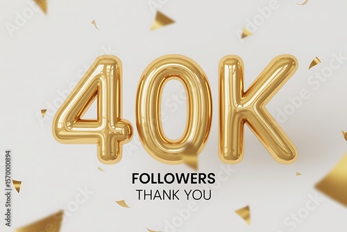 Shiny golden 40k followers balloon numbers with falling confetti and text thank you for social media celebration