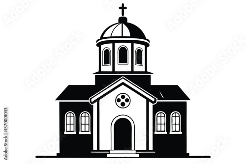 Stylized Silhouette Illustration Orthodox Church Building with Cross and Dome Architecture Design Element