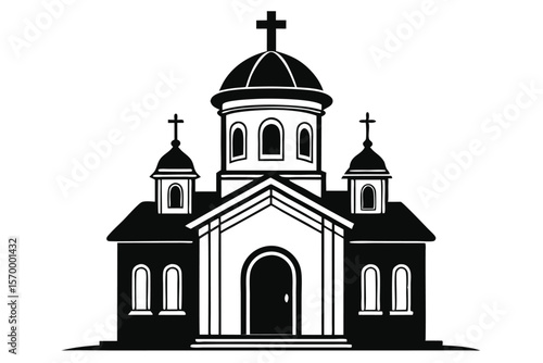 Silhouette Illustration of an Orthodox Church with Crosses and Arched Windows against White