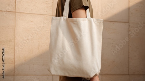 The stylish plain tote bag held by a person against a textured backdrop.