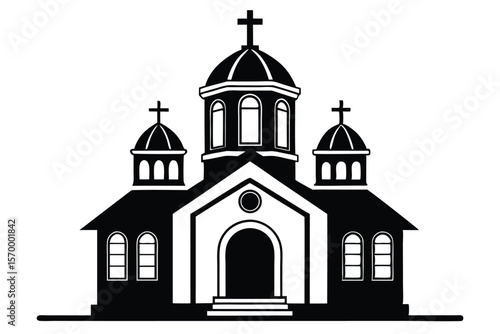Black and White Silhouette of Orthodox Church with Domes and Crosses Illustration