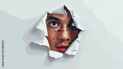 Mysterious Male Gaze: Peeking Through Torn Paper, Abstract Portrait Illustration art man face hole  