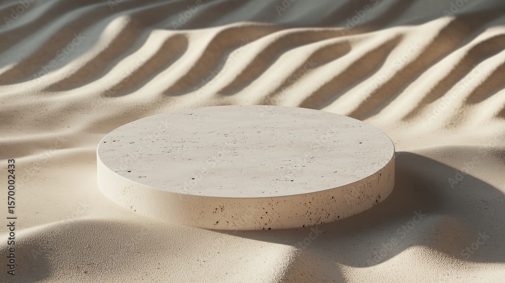 Obraz premium Circular stone platform on sandy terrain with wavy patterns under natural light creating a serene atmosphere