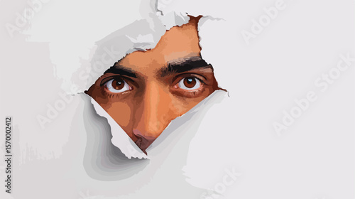 Mysterious Male Gaze: Flat Lay Paper Hole Portrait.  Intriguing, stylish, and modern design element.