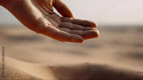 Hand reaching out with sand on beach in soft natural light  