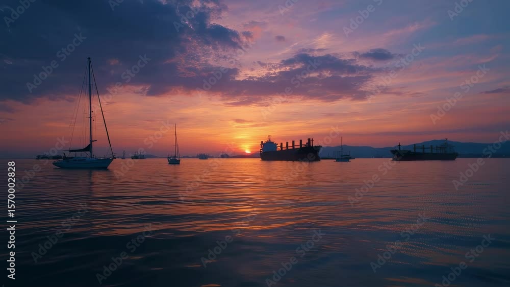 A serene sunset over the horizon with silhouetted sailboats and cargo ships illustrating the importance of navigable waterways for global commerce and the need for cooperative maritime A serene sunset over the horizon with silhouetted sailboats and cargo ships illustrating the importance of navigable waterways for global commerce and the need for cooperative maritime