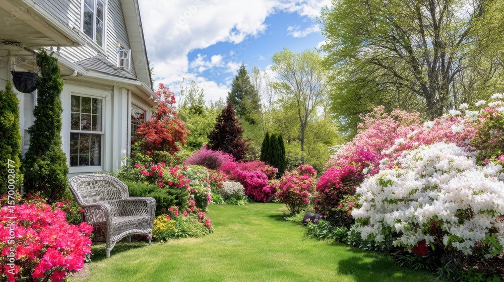 The flourishing garden showcasing vibrant azaleas and serene landscaping in spring. The flourishing garden showcasing vibrant azaleas and serene landscaping in spring.