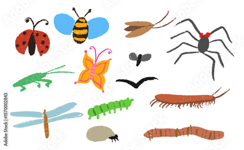 Set of crayon bugs, crazy kid doodle charcoal texture of worm, butterfly, cockroaches, spider, centipede, bird, bee and more