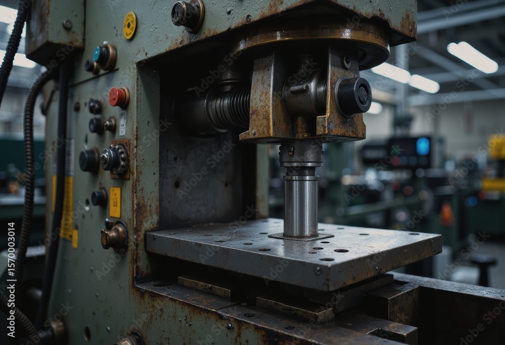 Fototapeta premium Metal stamping press with formed parts and tooling in a manufacturing setting