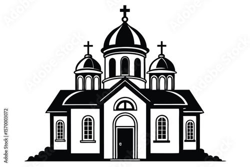 Silhouette of a Black and White Church with Domes and Crosses Vector