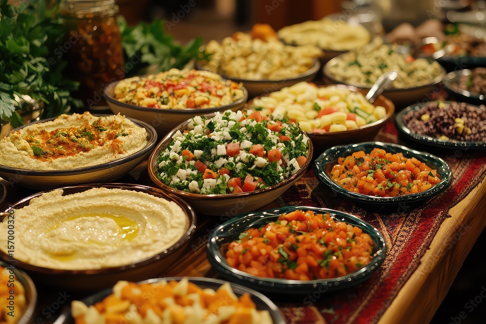 A variety of mezze dishes, including hummus, tabbouleh, and baba ghanoush, displayed on a colorful table for iftar A variety of mezze dishes, including hummus, tabbouleh, and baba ghanoush, displayed on a colorful table for iftar