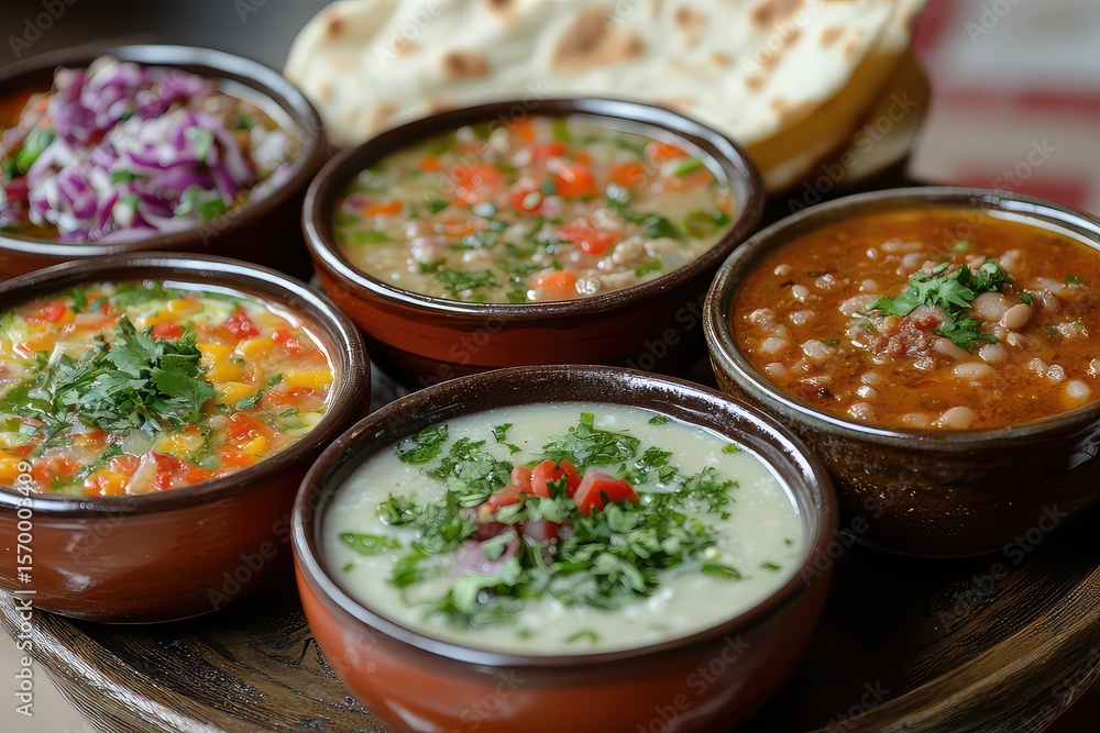 A variety of soups and stews served in traditional bowls for a comforting iftar meal A variety of soups and stews served in traditional bowls for a comforting iftar meal