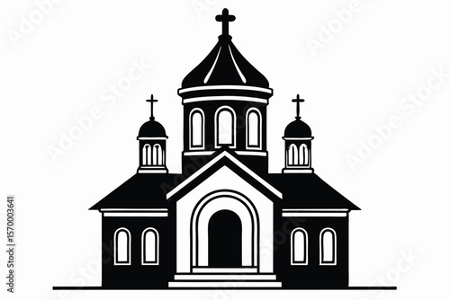 Black and White Illustration of Orthodox Church Facade with Domes and Crosses