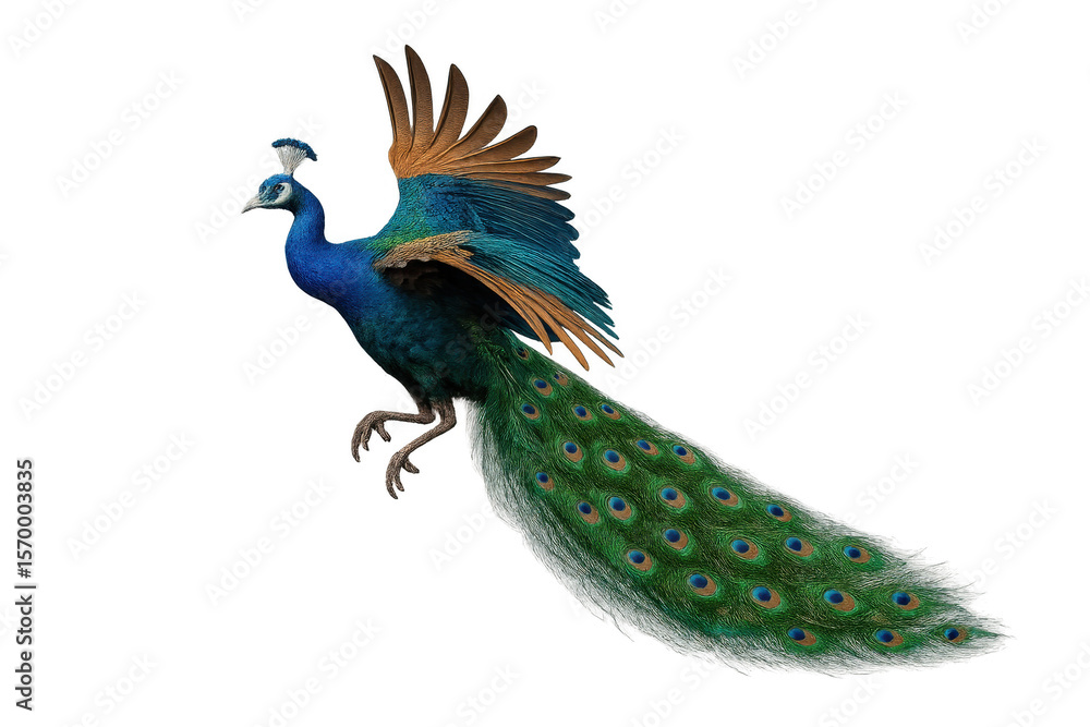 Obraz premium Majestic peacock taking flight isolated on a transparent background, vibrant colors