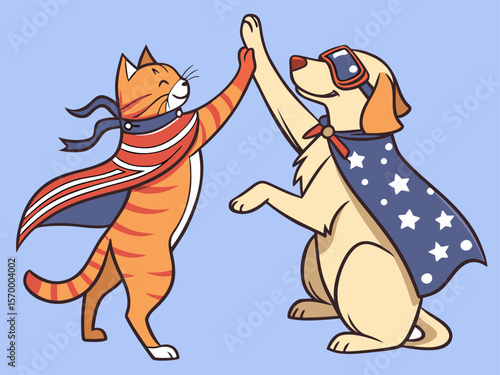 Cartoon Cat and Dog Superhero Team High Fiving Wearing Capes and Ready for Adventure cartoon orange