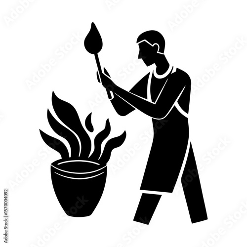 Man tending to plant with care gardening horticulture vector silhouette
