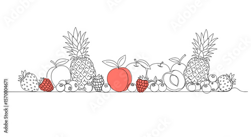 Line drawing of assorted fruits including apple, strawberries, and pineapple  