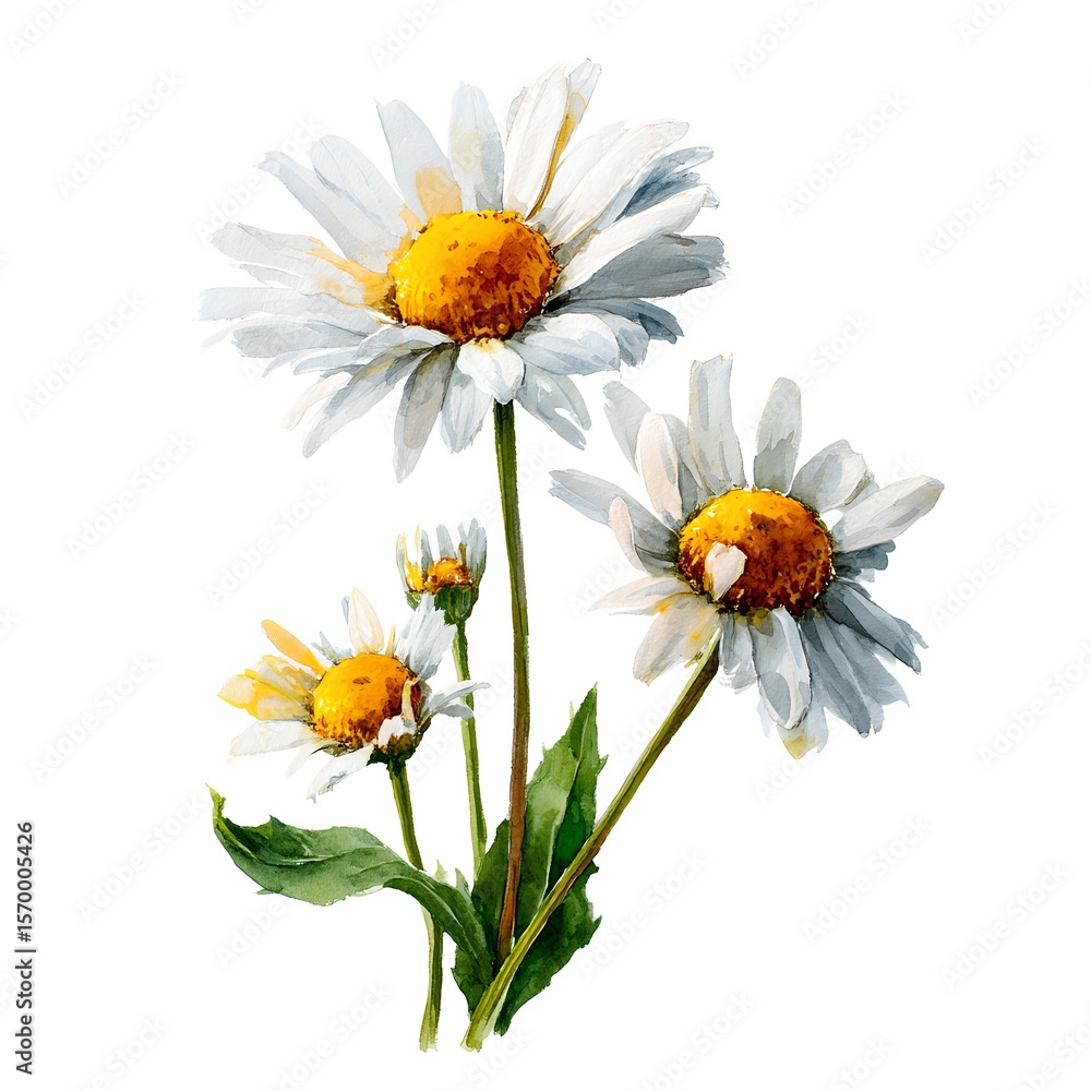 Fototapeta premium Painting of three white flowers with yellow centers