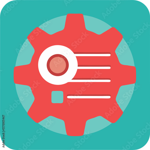 Gear Mechanism and Configuration Icon: A clean, modern graphic depicts a gear mechanism icon, rendered in striking shades of red and teal, symbolizing technology, innovation.