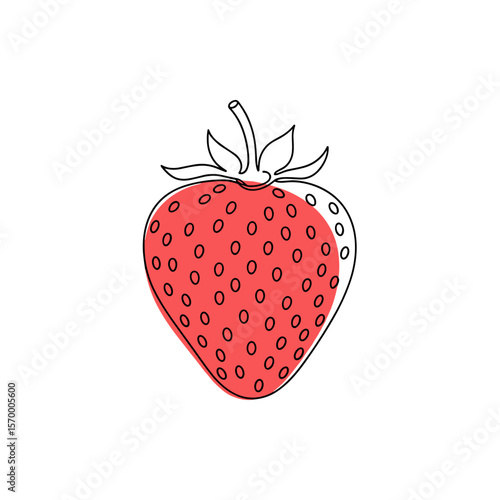 Ripe strawberry illustration with green leaves on white background  