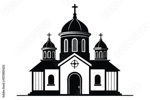 Stylized Orthodox Church Illustration Black and White Domes, Crosses, and Arched Windows