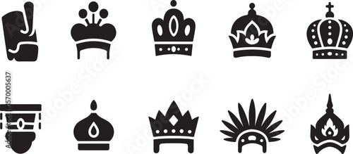 Collection of diverse black silhouette icons representing various types of crowns and headwear including royal regalia and cultural headdresses