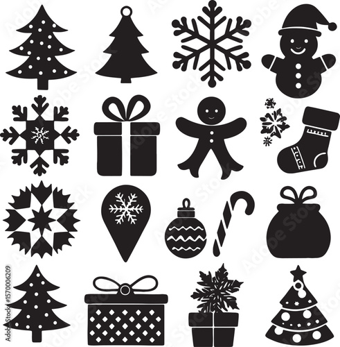 Collection of Christmas icons including snowflakes and a gingerbread man silhouette isolated on white background
