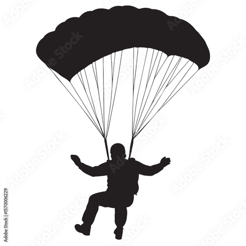 Vector silhouette illustration of a man paragliding with a parachute in the sky, perfect for extreme sport or adventure concepts