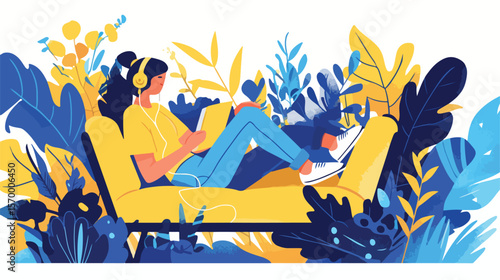 Relaxed Man Enjoying Music on Cozy Sofa, Peaceful Home Interior Scene calm rest male couch chill    