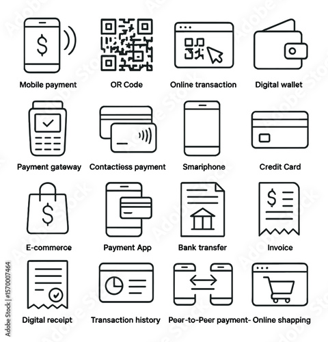 Digital payment icons collection, featuring online transaction and e-commerce symbols