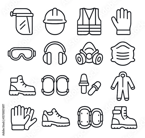 Ppe safety icon collection, protective gear symbols. workplace and construction safety set