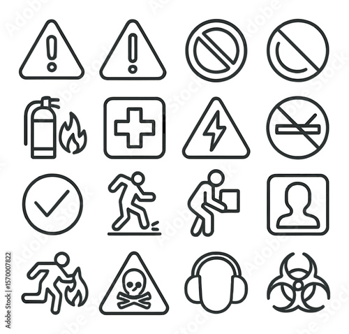 Safety sign collection, essential warning symbols. hazard, caution, alert icons set
