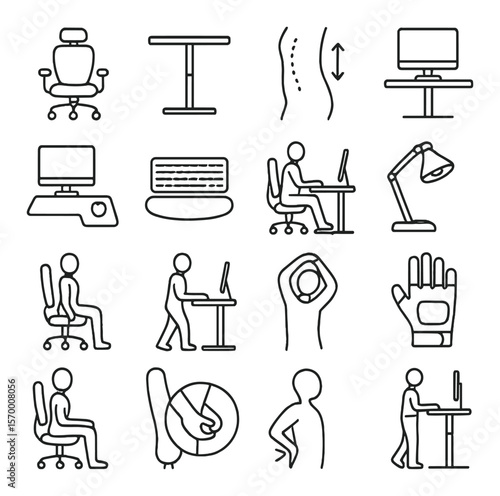 Ergonomic workplace collection, office health icons. ergonomics and comfort set