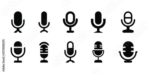 Set of Microphone icon black silhouette vector audio voice podcast recording broadcast radio communication illustration