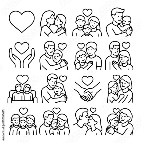 Family love icon collection, caring and bonding symbols. heartfelt relationship set