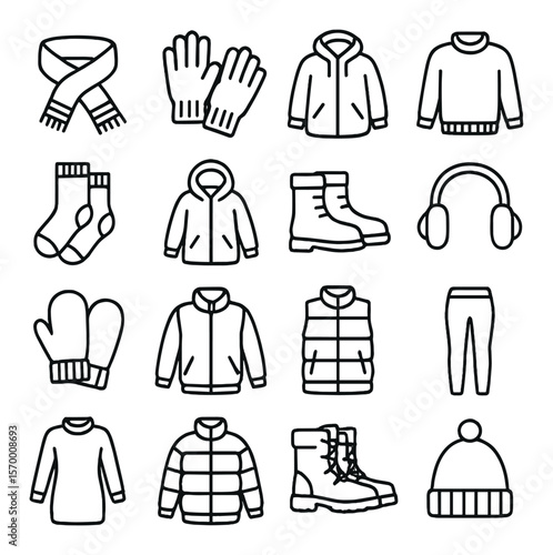 Winter clothing collection, cozy apparel icons. warm garments and accessories set